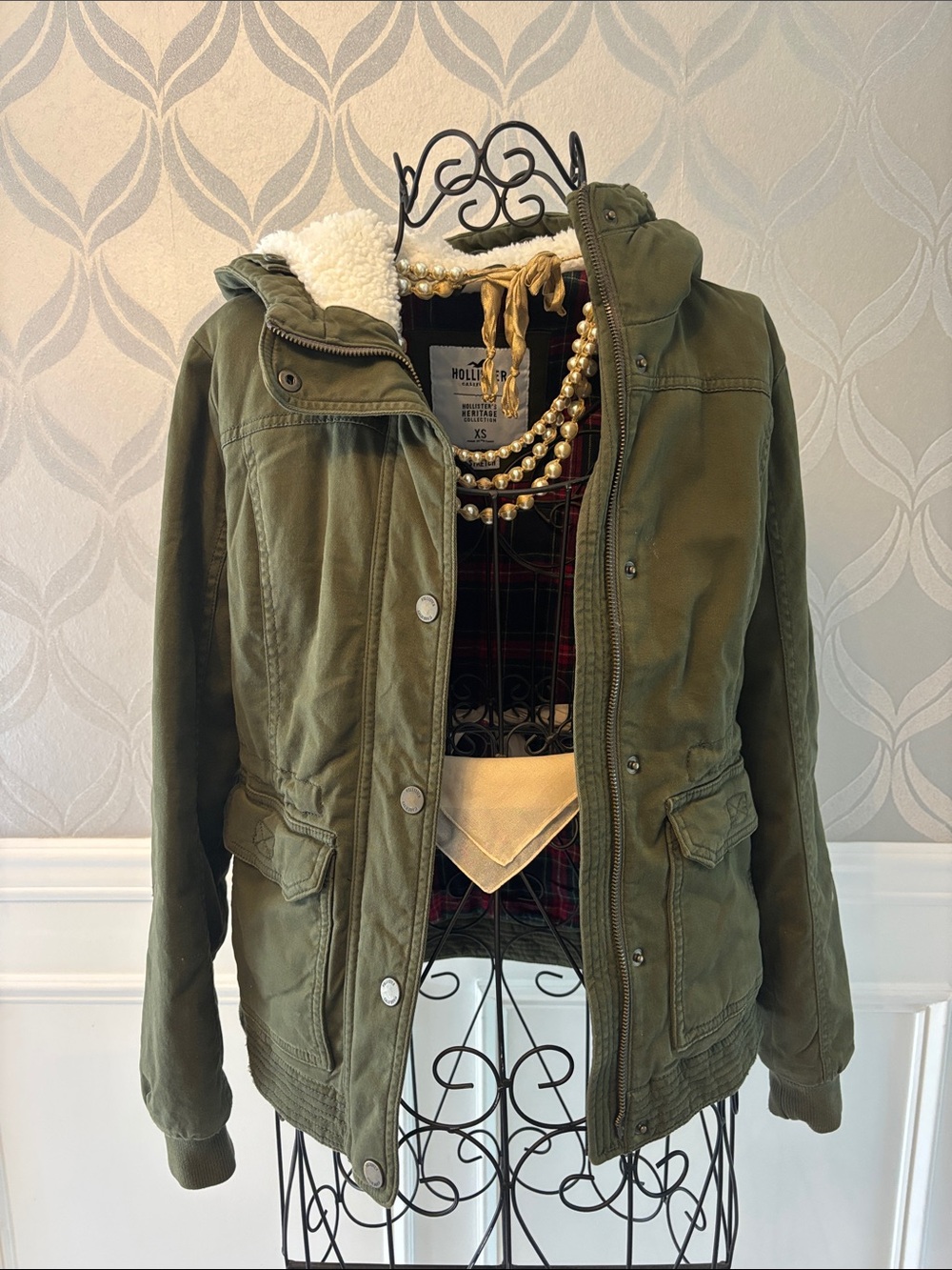 Hollister Olive Green Sherpa Hood Utility Jacket - Women